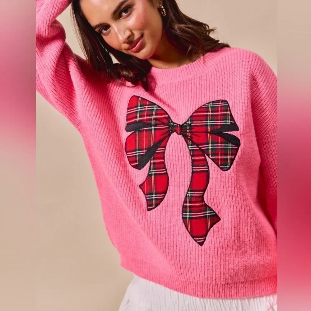 SO ME Women's Pink Plaid Bow Appliqué Sweater Oversized Holiday Knits sz XL